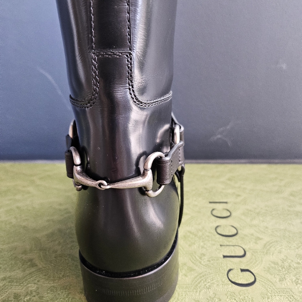 GUCCI Aria Horsebit Harness Leather GG Logo Knee High Riding Boot Sz 38 /US8 NEW - Picture 4 of 8